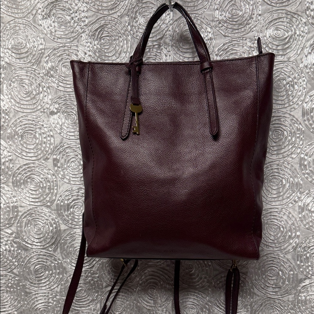 Fossil Deep Burgundy Leather Backpack Tote with Gold Accent